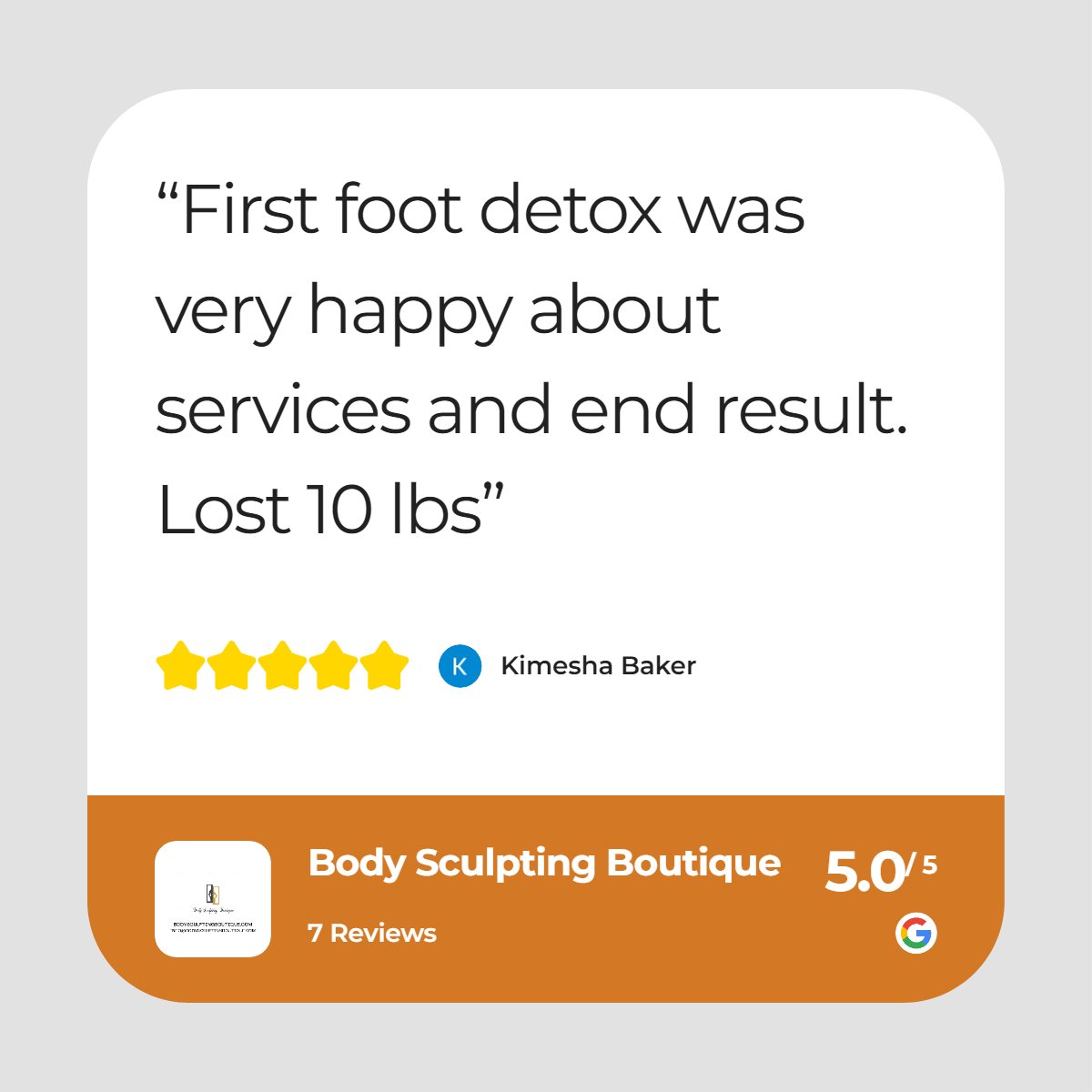 Thank you for the great review!  So happy you enjoyed the Foot Detox! #bodysculptingstudioinspringtx #bodysculptingspaspringtx #bodysculptingsalonspringtx #bodydetox #footDetox #bodyscuptingreview #springtxbodysculptingsalon