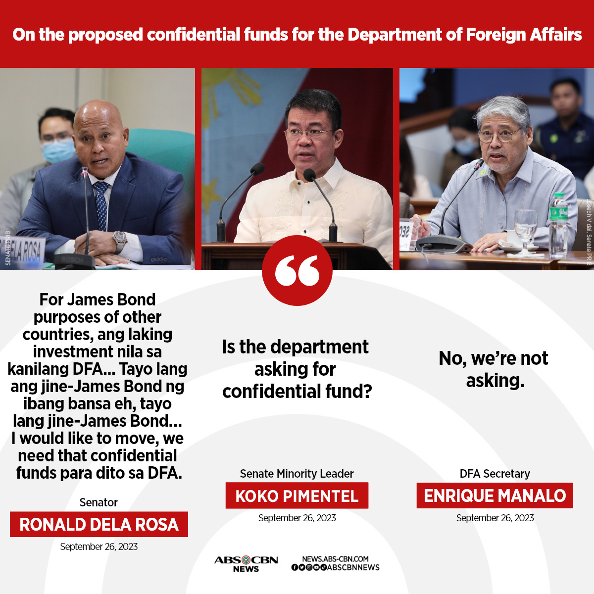 ABSCBNNews's tweet image. Senator Ronald dela Rosa believes that the DFA needs confidential funds to uphold the Philippines' interests, even though the department is not asking for it.

Full story: news.abs-cbn.com/news/09/26/23/…