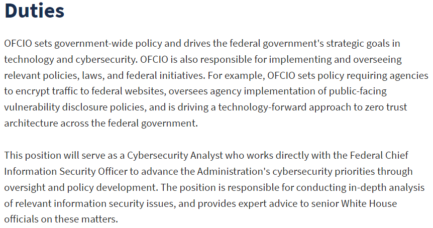 My team in the White House OMB is hiring for cybersecurity! (Posting closes Friday!)

We shape how the federal government uses technology to accomplish and secure its mission. Our team creates policy and gets into the weeds to get things done. 

Join us! usajobs.gov/job/749333800