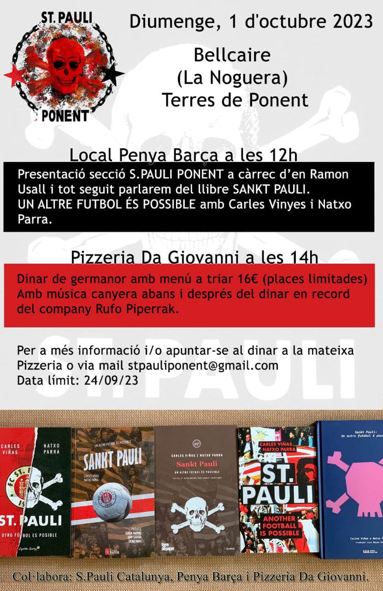SPauliCatalunya's tweet photo. A #Bellcaire,  presentació de Sankt Pauli Ponent!

Amb @Natxo_Parra i @CarlesVinyas , autors del llibre "Sankt Pauli, Un altre futbol és possible", parlant sobre el llibre i el nostre club pirata.

No us ho podeu perdre!
#ForzaSanktPauli 🏴‍☠️ https://t.co/c1VamWzrQ0