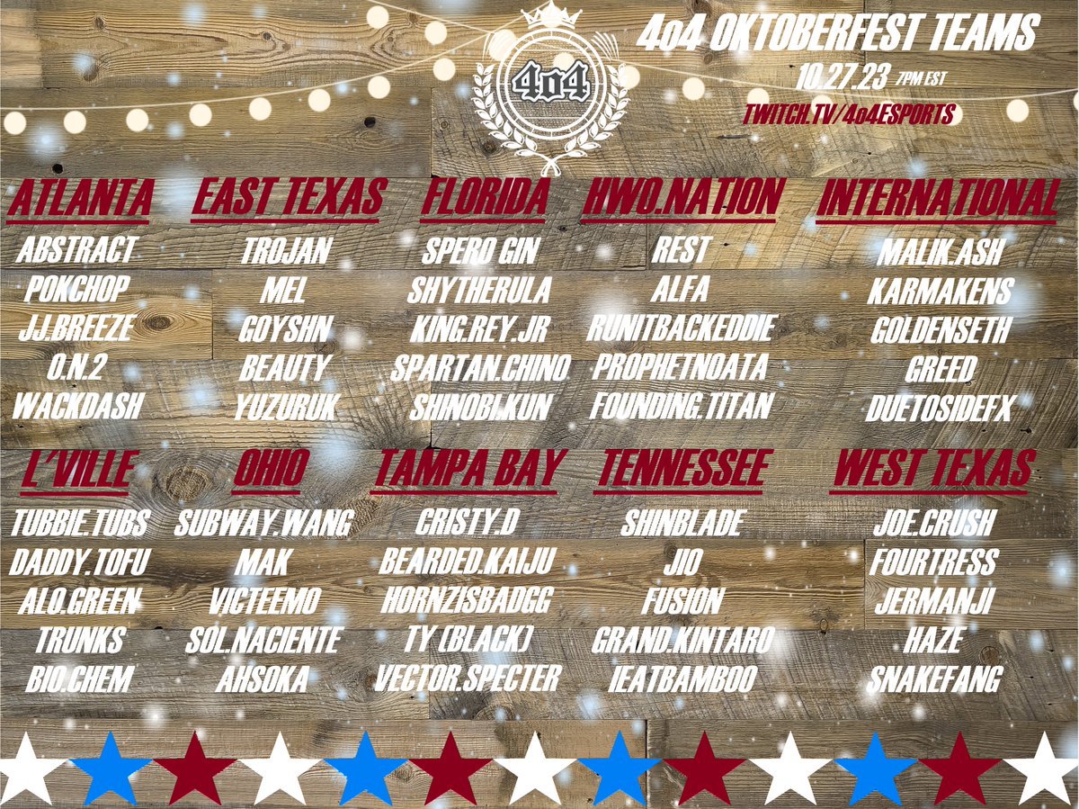 Updated Oktoberfest Teams!
Friday 10.27.23 7pm EST
start.gg/4o4oktoberfest…
twitch.tv/4o4esports