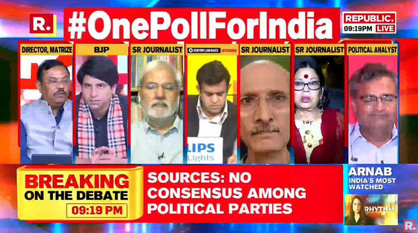 republic's tweet photo. #OnePollForIndia | Even in the worst conditions, the Bharatiya Janata Party will not win less than 125 seats in Madhya Pradesh. The BJP will target at least 145 seats: Manoj Singh, Director, MATRIZE
Tune in and fire in your views with the hashtag - https://t.co/pX4x7ZUn6u
#OneNationOnePoll #OneNationOneElection #Elections #BJP #Congress #Opposition #India #NDA #LokSabha