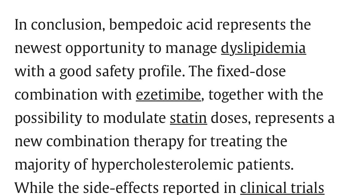 Bempedoic Acid getting more recognition now for multiple uses, statin intolerance, primary prevention, diabetic cardio patients and combination therapy,BA + ezitimibe 38% reduction in LDL.
$ESPR
#CardioTwitter 
#statinintolerance 
#Nexlizet
#Nexletol

sciencedirect.com/science/articl…