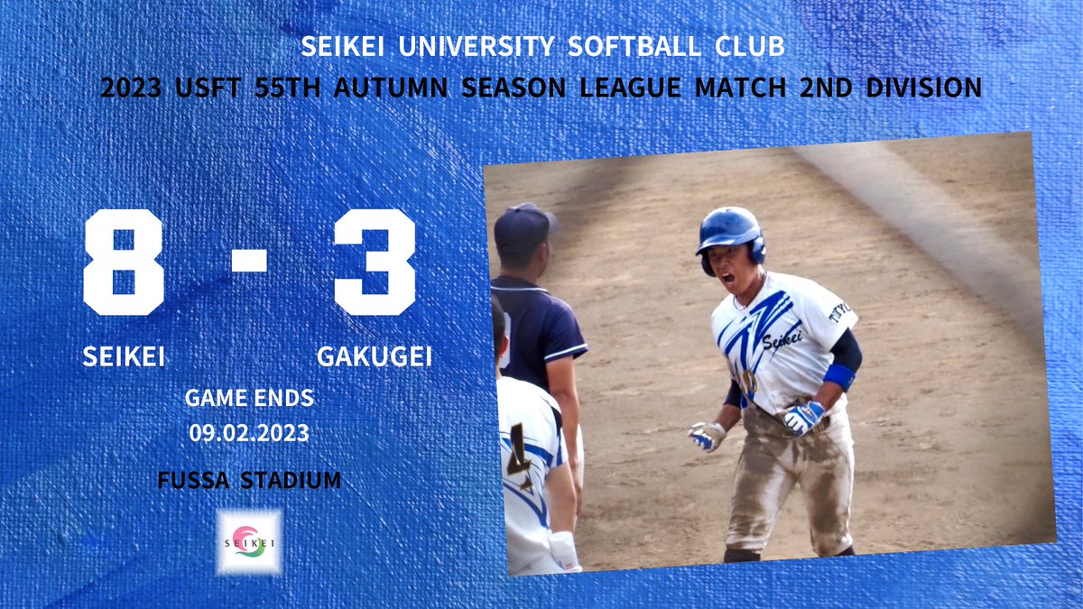 seikei_soft_11's tweet photo. 2023/9/2  成蹊 8-3 学芸

2点を追う3回表、平野の適時打で1点差とする。そのまま迎えた5回表、1死満塁の好機を作り、田中の適時打と岩沢の犠飛で逆転に成功する。その後も石川の走本塁打などでリードを5点に広げ、逆転勝利を飾った！

#成蹊大学 https://t.co/fPJIndNGxR