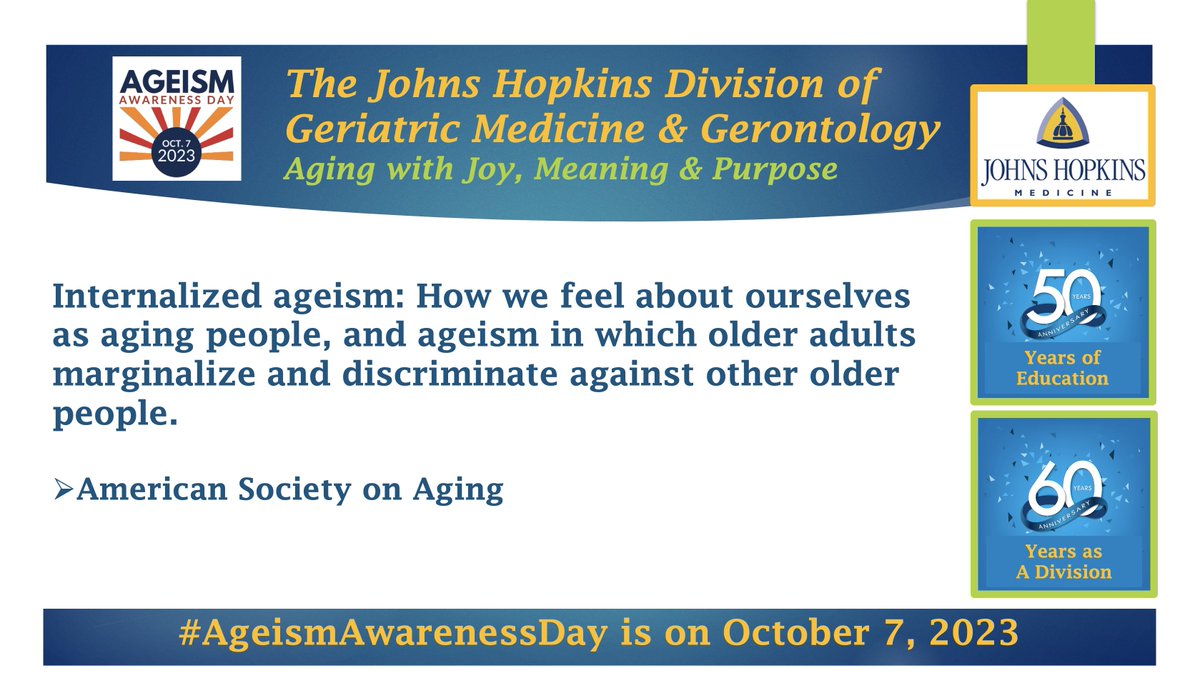 JHGeriatrics's tweet image. Let&apos;s take a look at a few categories of #Ageism, such as #Internalized Ageism; ironically: negative perceptions about how we feel about ourselves as we  #Age &amp;amp; in which #OlderAdults may marginalize other #Older folks. This topic is more complex than it may appear on first blush.