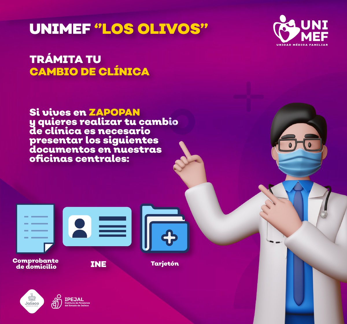 ipejalgob's tweet photo. Si eres derechohabiente de los Servicios Médicos del #IPEJAL y vives en #Zapopan ya puedes tramitar tu cambio de Clínica a la nueva UNIMEF los Olivos.
Reúne tu documentación y acude a nuestras oficinas en Av. Magisterio 1155.
#UNIMEF Los Olivos, una nueva clínica más cerca de ti https://t.co/0HdRTNMdmP