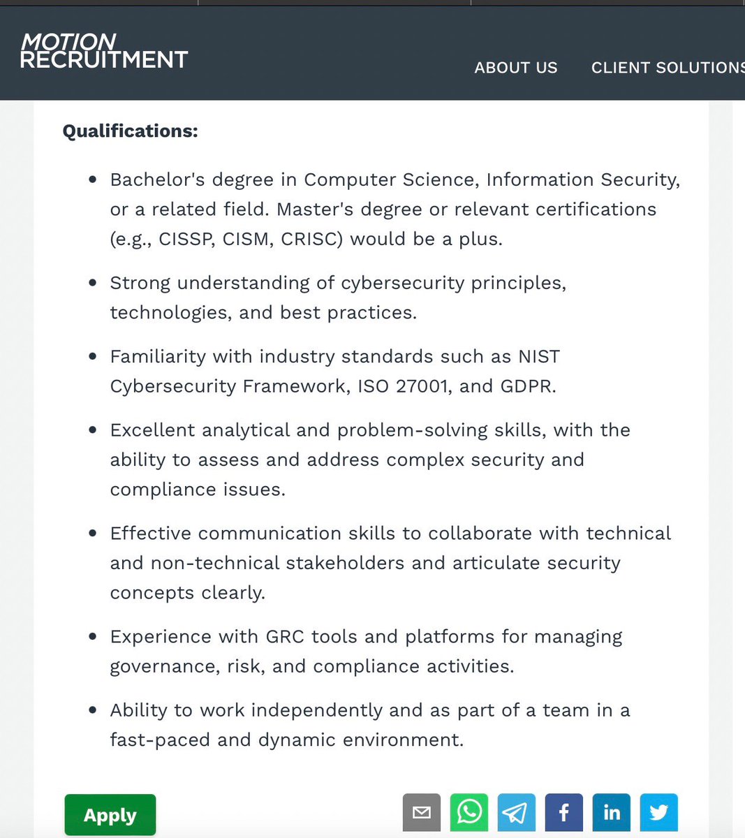 Checkout this GRC #Cybersec role. This is what a GRC professional can envision as one grows their experience and career. GRC roles are a little less technical than other cyber roles but a very lucrative path. Discover what you’re most interested in and get started! #cybercareers