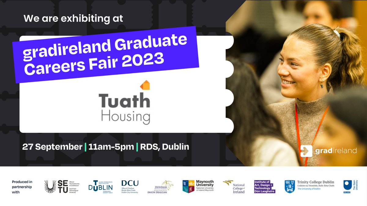 gradireland's tweet photo. Come and meet the team from @tuathhousing TOMORROW at the #gradfair23 and learn more about your career options! Register for your FREE ticket today! https://t.co/31jQBJ69pv https://t.co/Y8cuGxeX7y