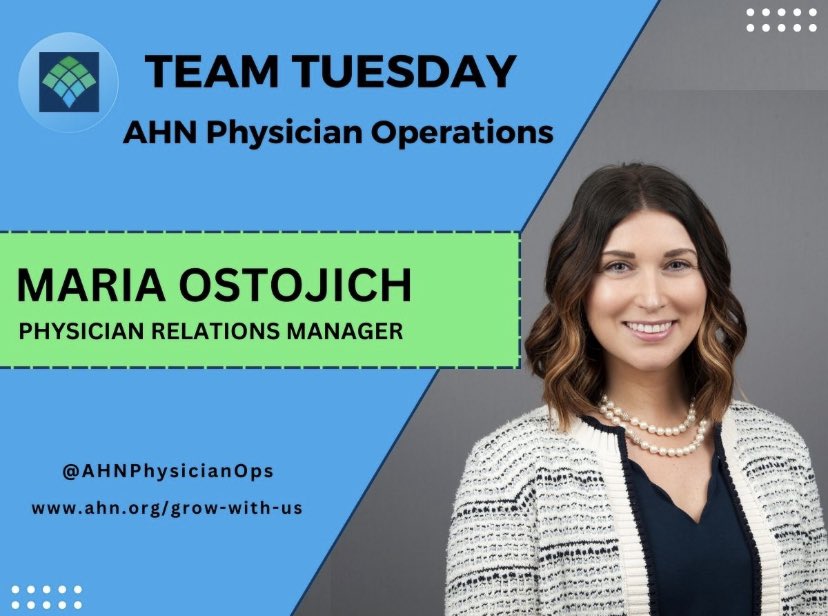 AHNPhysicianOps's tweet image. Today’s #TeamTuesday is Physician Relations Manager, Maria Ostojich! Maria promotes our AHN physicians and programs in our north region, covering Wexford Hospital, Grove City Hospital, and the surrounding areas. 
For any questions, reach out to her at maria.ostojich@ahn.org.