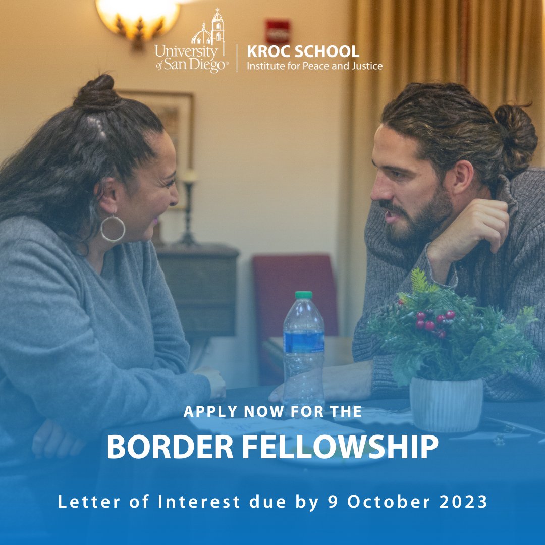 Does your work contribute to making the border region more peaceful and inclusive? Join the Kroc IPJ as a non-residential Border Fellow and receive an $850/month fellowship & $5K grant to support your work. Letter of interest Deadline is October 9: hubs.la/Q023lyv-0