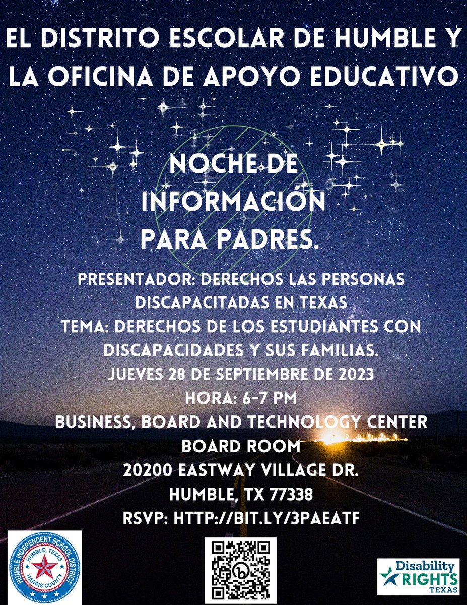 Join us this Thursday from 6-7 pm for our Parent Information night. Our speaker for the night is <a href="/DisRightsTx/">Disability Rights Texas</a>! <a href="/HumbleISD/">Humble ISD</a> <a href="/humbleisd_SPED/">Special Programming</a> <a href="/humbleisd_ESS/">Humble ISD Educational Support Services</a>