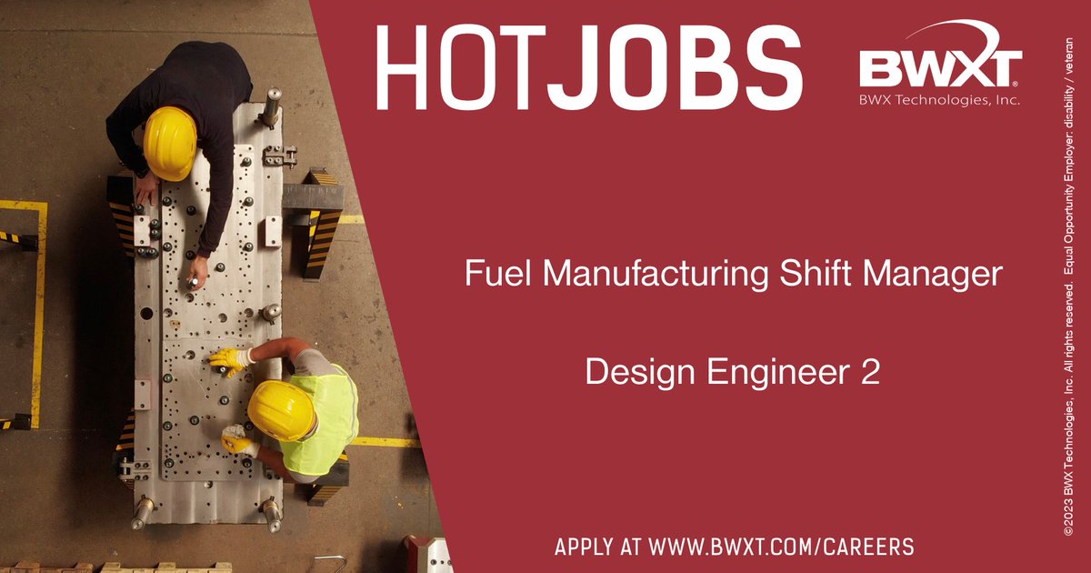 BWXT Subsidiary Nuclear Fuel Services, Inc. in #ErwinTN has #JobOpportunities that might be right for you! Learn more about each below.

Fuel Manufacturing Shift Manager: careers.bwxt.com/job-invite/493…

Design Engineer 2: careers.bwxt.com/job-invite/493…