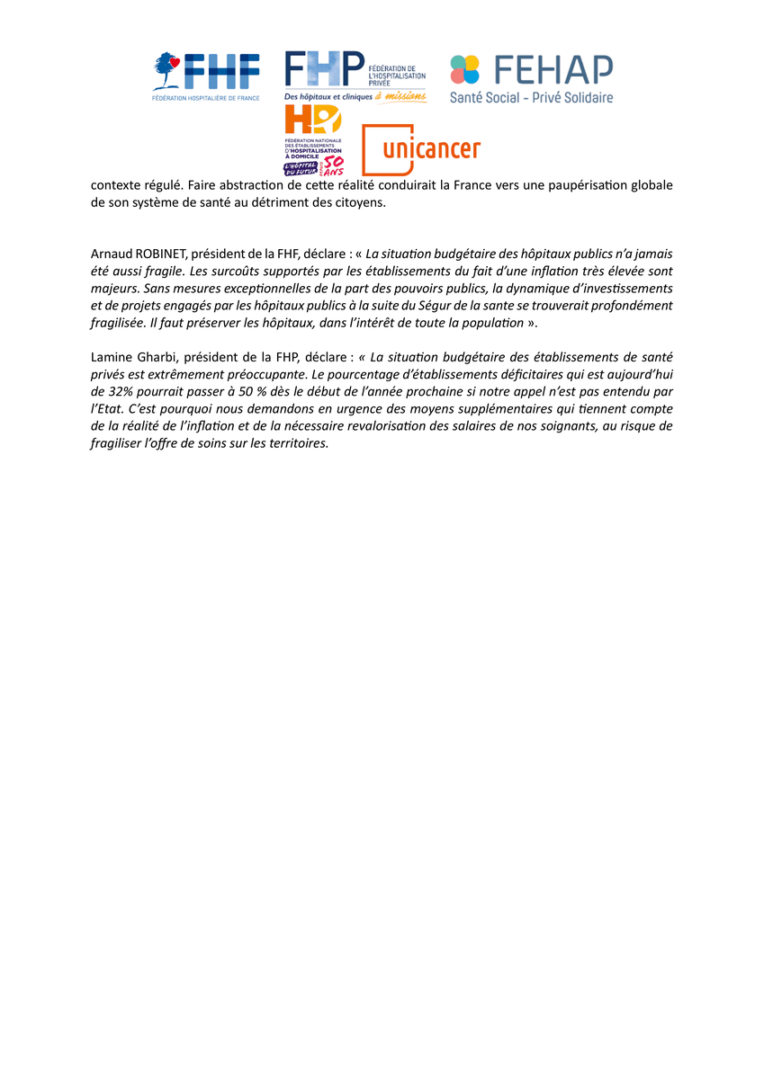 laFHF's tweet photo. 🚨 Les fédérations hospitalières s'alarment de l'absence de réponse du @gouvernementFR face à un niveau très élevé 📈 de l'#inflation, qui pèse lourdement sur les établissements et demandent des mesures adaptées pour faire face à leur situation budgétaire, particulièrement fragile. ⬇️

@La_FHP @FEHAP_actu @GroupeUnicancer @fnehad_info