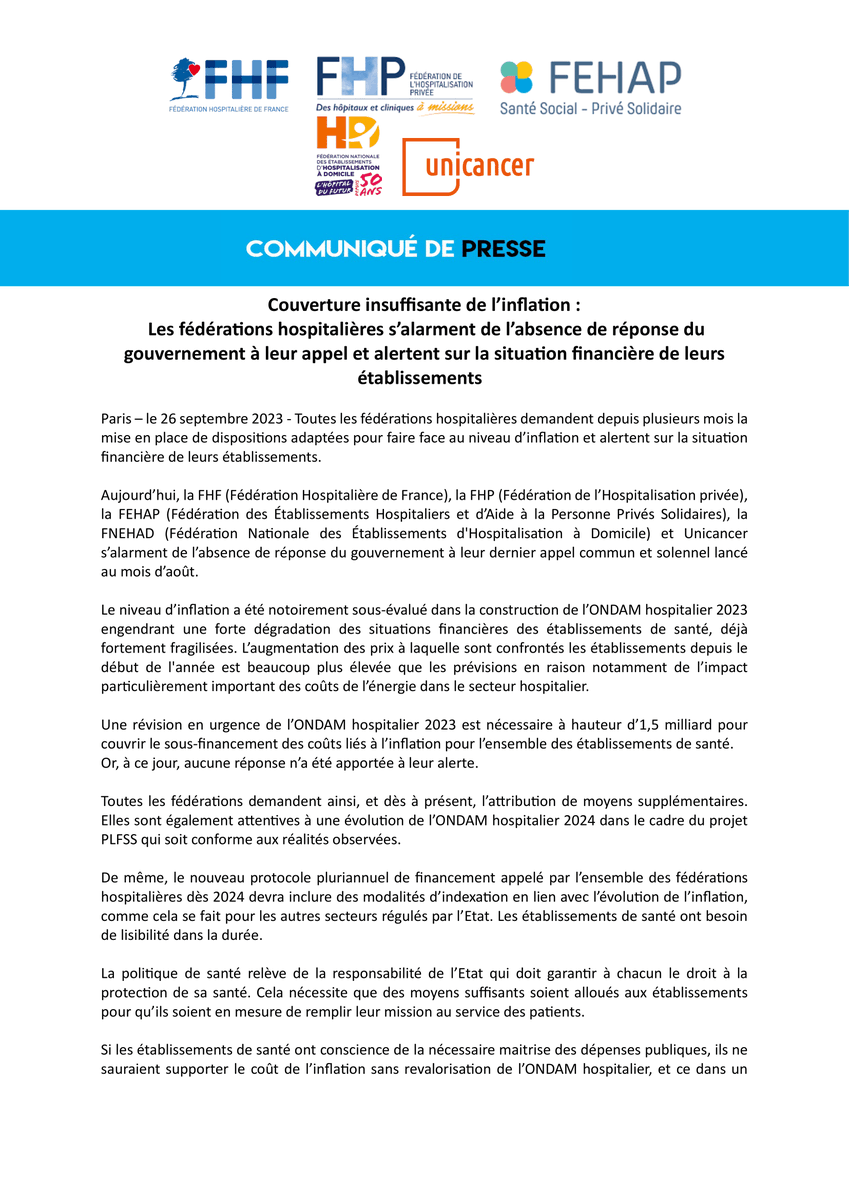 laFHF's tweet photo. 🚨 Les fédérations hospitalières s'alarment de l'absence de réponse du @gouvernementFR face à un niveau très élevé 📈 de l'#inflation, qui pèse lourdement sur les établissements et demandent des mesures adaptées pour faire face à leur situation budgétaire, particulièrement fragile. ⬇️

@La_FHP @FEHAP_actu @GroupeUnicancer @fnehad_info