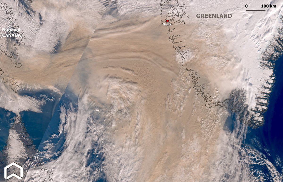 PlatformAdam's tweet photo. Here a zoomed view of the smoke from #Canada #wildfires as seen by #Copernicus #Sentinel3 on Sep. 25th, showing southern #Greenland, including the capital city #Nuut, engulfed by a thick smoke layer. #climateemergency
@climate_ice @geoviews https://t.co/4QdCiviKpC