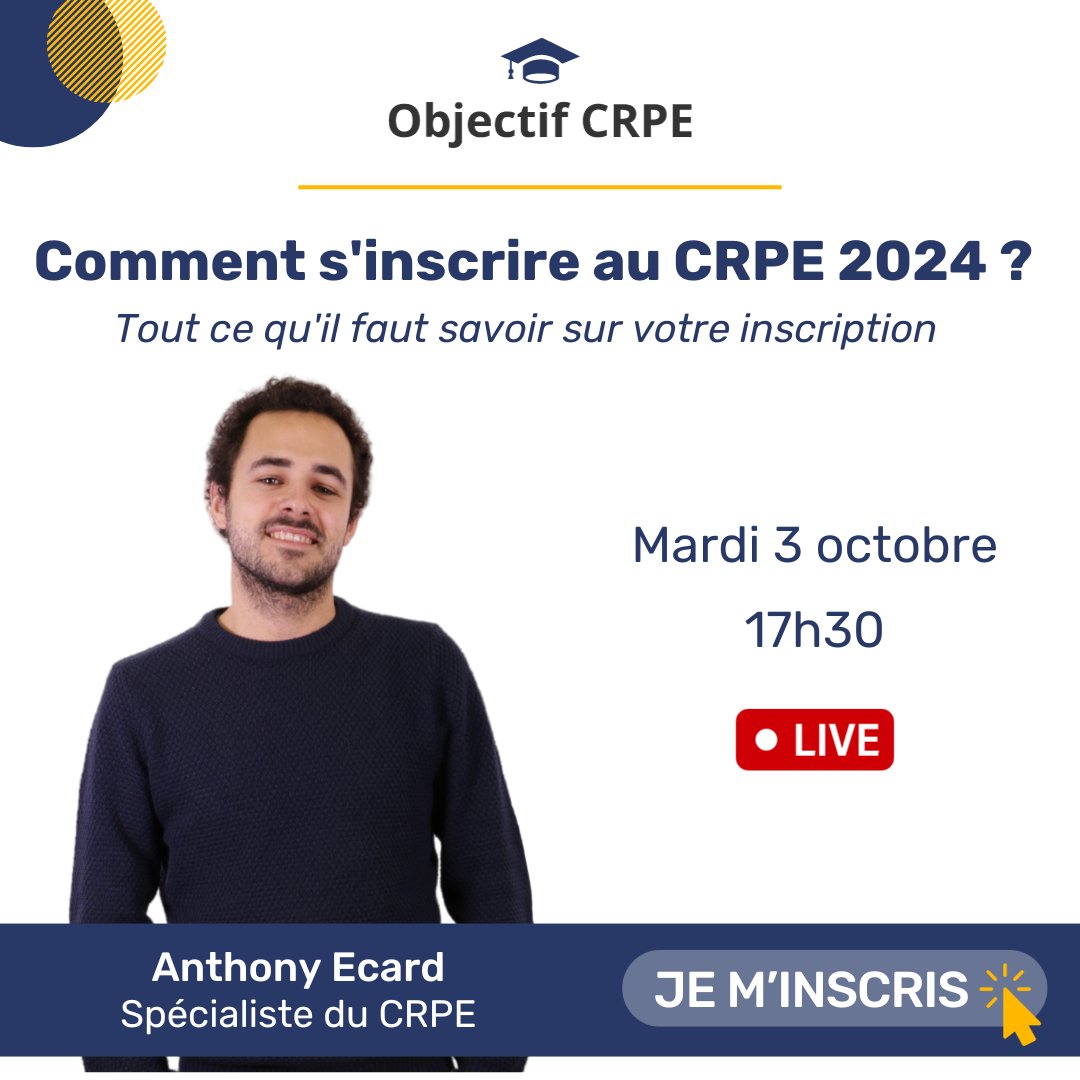 ObjectifCrpe's tweet image. Dans une semaine aura lieu notre live 🤩Inscrivez-vous dès maintenant 👉zurl.co/MeEN
Pour vous aider dans votre démarche, Anthony Ecard, spécialiste du CRPE, vous donne rdv mardi 3 octobre à 17h30.
#crpe #crpe2024 #objectifcrpe