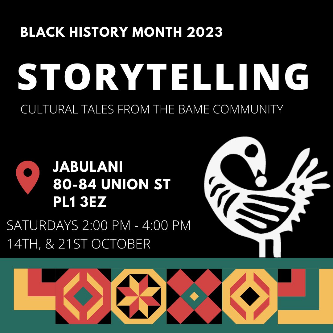 Discover inspiring stories at our Story Telling events on Saturdays, the 14th and 21st of October, from 2 pm to 4
pm at Jabulani Food Court, Plymouth, PL1 3EZ. <a href="/wearejabulani/">JABULANI</a>

Book your space for this event here: eventbrite.co.uk/e/black-histor…

 #StoryTelling #BlackHistoryMonth ✊🏽✊🏾✊🏿