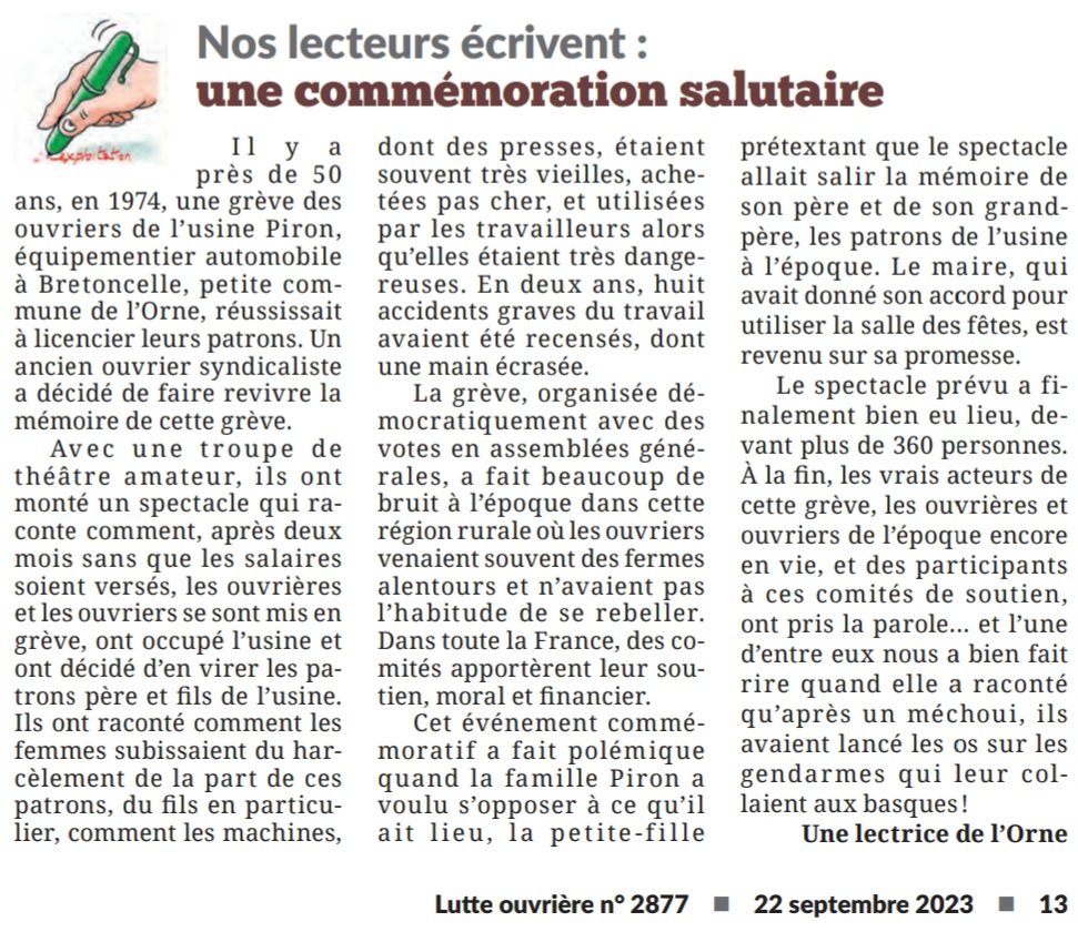 Marcodebavas's tweet photo. Courrier dans @LutteOuvriere sur l'affaire rocambolesque de descendants de patrons qui ont voulu censurer la mémoire ouvrière sur l'exploitation et les luttes ouvrières contre leurs aïeux dans l'usine #piron dans l'#Orne. Leur plan a échoué et à  la honte s'ajoute le ridicule. https://t.co/f2YM6bSfcz
