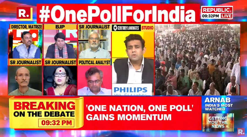republic's tweet photo. #OnePollForIndia | 38% people believe that it will affect BJP sidelining Vasundhara Raje in Rajasthan: Manoj Singh, Director, MATRIZE
Tune in and fire in your views with the hashtag - https://t.co/pX4x7ZUUW2
#OneNationOnePoll #OneNationOneElection #Elections #BJP #Congress #Opposition #India #NDA #LokSabha