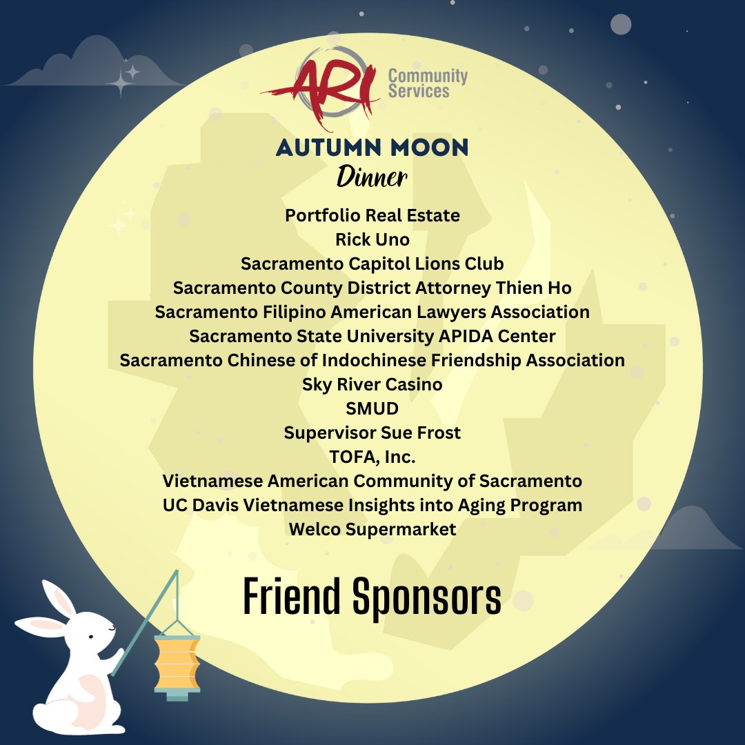 Announcing ARI Autumn Moon Dinner Sponsors! We are thankful for our Friend sponsors for supporting our dinner!