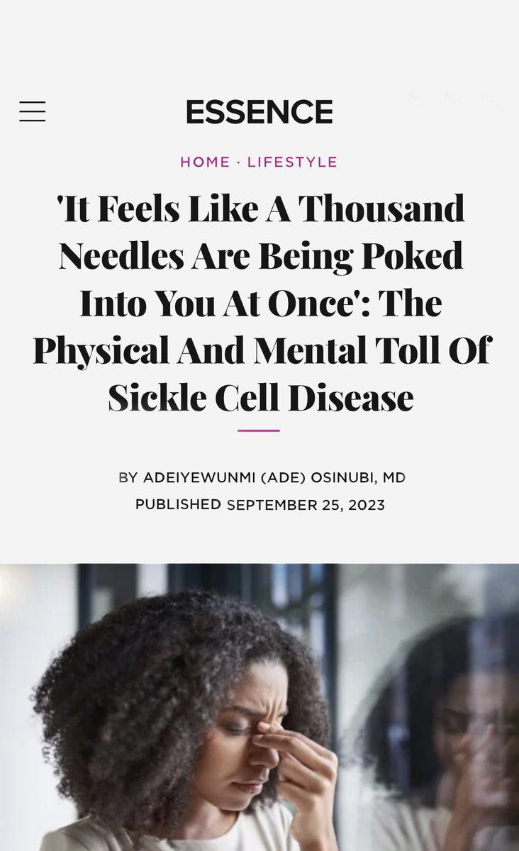 Ade_Osinubi's tweet photo. I wrote this piece for @Essence about the realities of living with #sicklecelldisease (SCD), surviving a bone marrow transplant and the impact of SCD on self esteem, relationships, and everything in between.  #Medtwitter

Read here: https://t.co/sQxCF0pfTg https://t.co/ddv8tja7Fn
