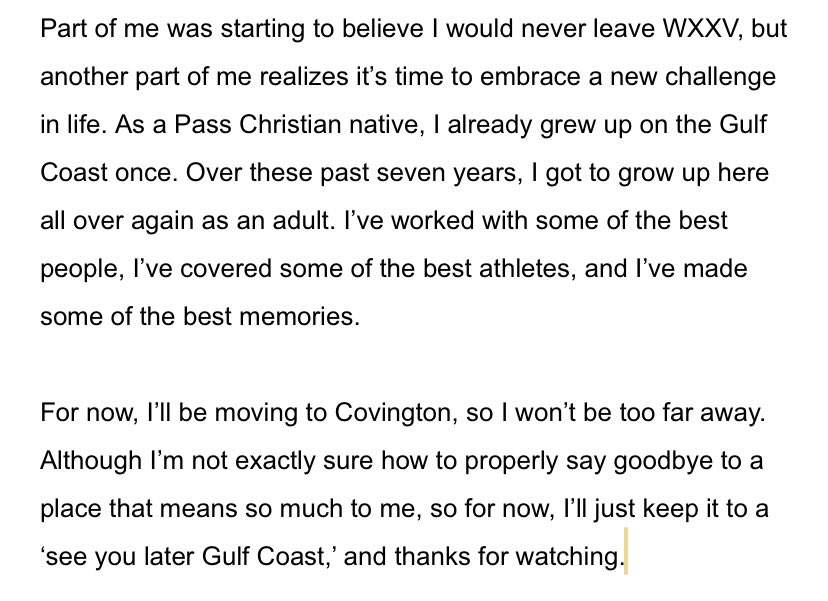 TheJeffTakeWVUE's tweet image. It’s been the honor of my life to anchor sports in my hometown at WXXV. But after seven years, it’s time for me to embrace a new challenge in life. To all of the coaches, players, parents and viewers, all I can say is sincerely, thank you. 280 characters ain’t enough for this one