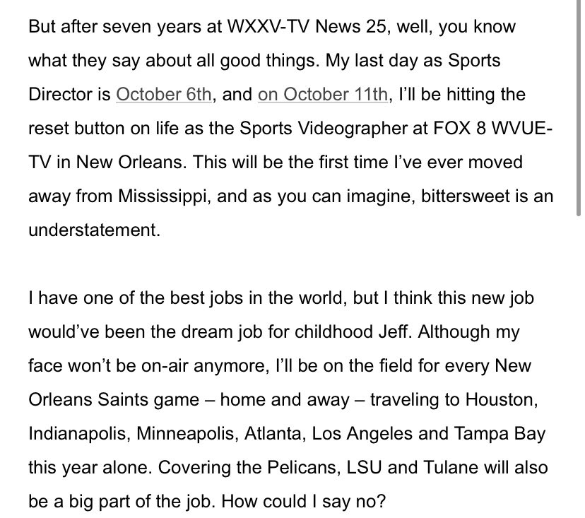 TheJeffTakeWVUE's tweet image. It’s been the honor of my life to anchor sports in my hometown at WXXV. But after seven years, it’s time for me to embrace a new challenge in life. To all of the coaches, players, parents and viewers, all I can say is sincerely, thank you. 280 characters ain’t enough for this one