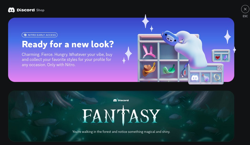 DiscordBetasES's tweet photo. Discord acaba de abrir la tienda de decoraciones de perfil actualmente al 5% de usuarios de Discord, por mientras es necesaria una suscripcion de Nitro activa, hay un total de 3 decoraciones gratuitas y 21 decoraciones de paga. https://t.co/5zdLQYx72B