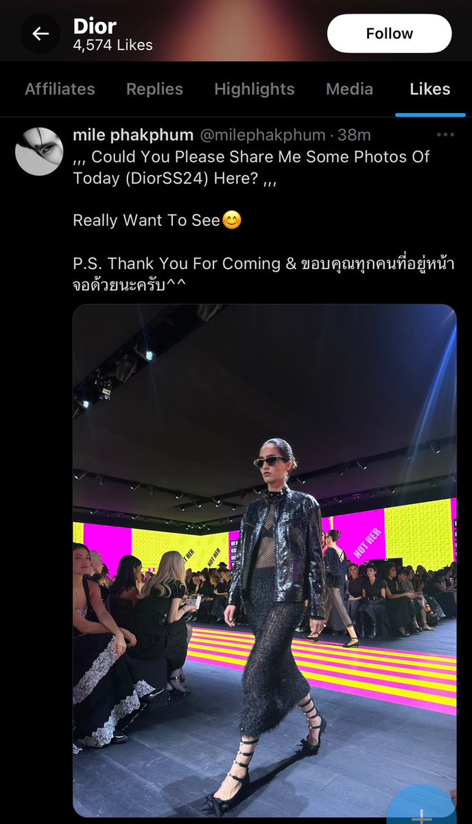 DIOR once again liked another tweet from Mile Phakphum about the Dior Spring-Summer 2024 Fashion Show today 💚💚

DIORSS24 WITH MILE
@Milephakphum #Milephakphum #DiorSS24xMileApo #DiorSS24 <a href="/Dior/">Dior</a>