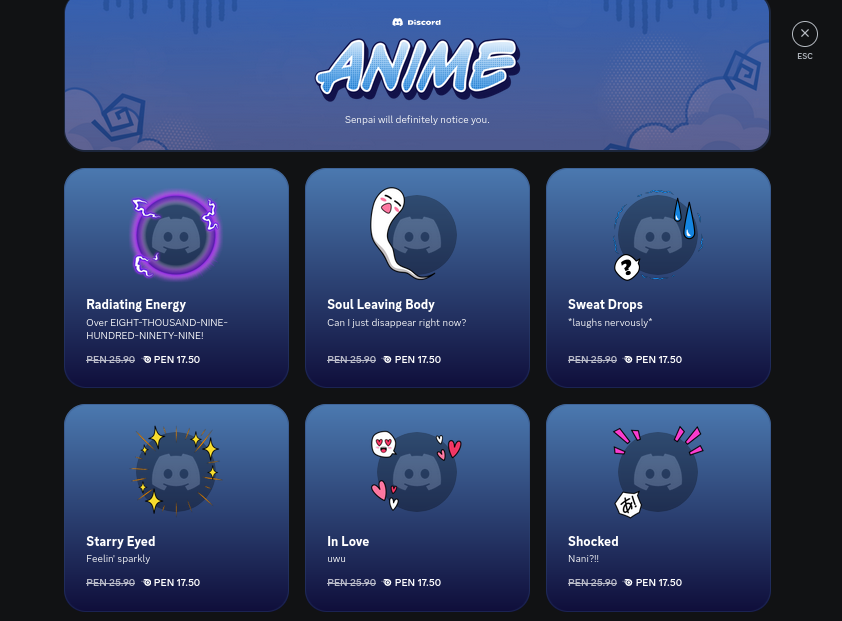 DiscordBetasES's tweet photo. Discord acaba de abrir la tienda de decoraciones de perfil actualmente al 5% de usuarios de Discord, por mientras es necesaria una suscripcion de Nitro activa, hay un total de 3 decoraciones gratuitas y 21 decoraciones de paga. https://t.co/5zdLQYx72B