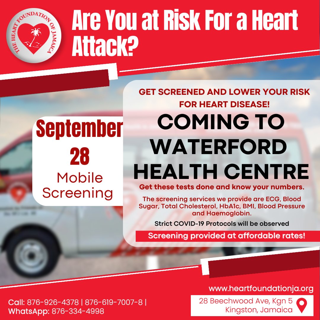 heartjamaica's tweet image. Get screened, stay healthy! The mobile screening unit is coming to Waterford Health Centre

#MobileScreening #HealthyHeart #HealthyLife