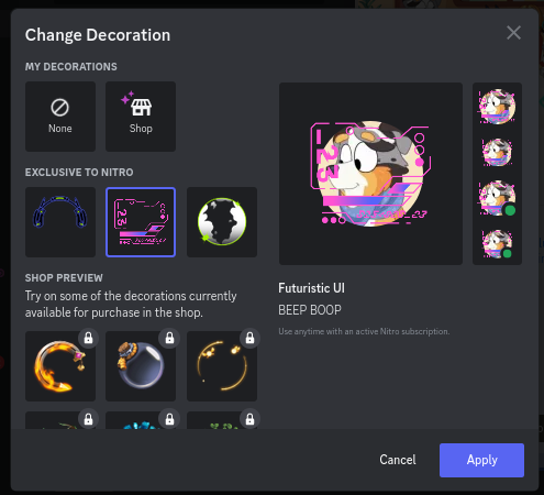 DiscordBetasES's tweet photo. Discord acaba de abrir la tienda de decoraciones de perfil actualmente al 5% de usuarios de Discord, por mientras es necesaria una suscripcion de Nitro activa, hay un total de 3 decoraciones gratuitas y 21 decoraciones de paga. https://t.co/5zdLQYx72B