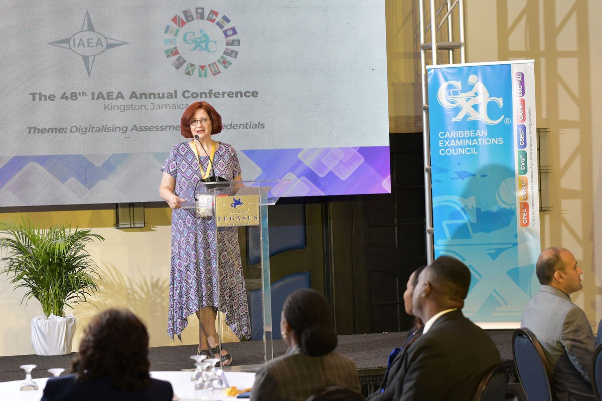 iaea2023's tweet photo. During her remarks, Dr Mary Pitoniak urged delegates at the IAEA 48th annual conference to seize the networking opportunity available over the five conference days being hosted by CXC ® at the Jamaica Pegasus from 24 -29 September 2023. https://t.co/LrT3eCWz29