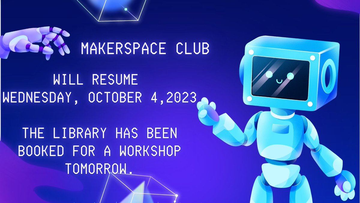 RDHS_Library's tweet image. The RDHS Makerspace Club will resume next week, as the library has been booked for a full-day workshop tomorrow. Apologies for any inconvenience! @RDHS_Library @lkdsblibraries