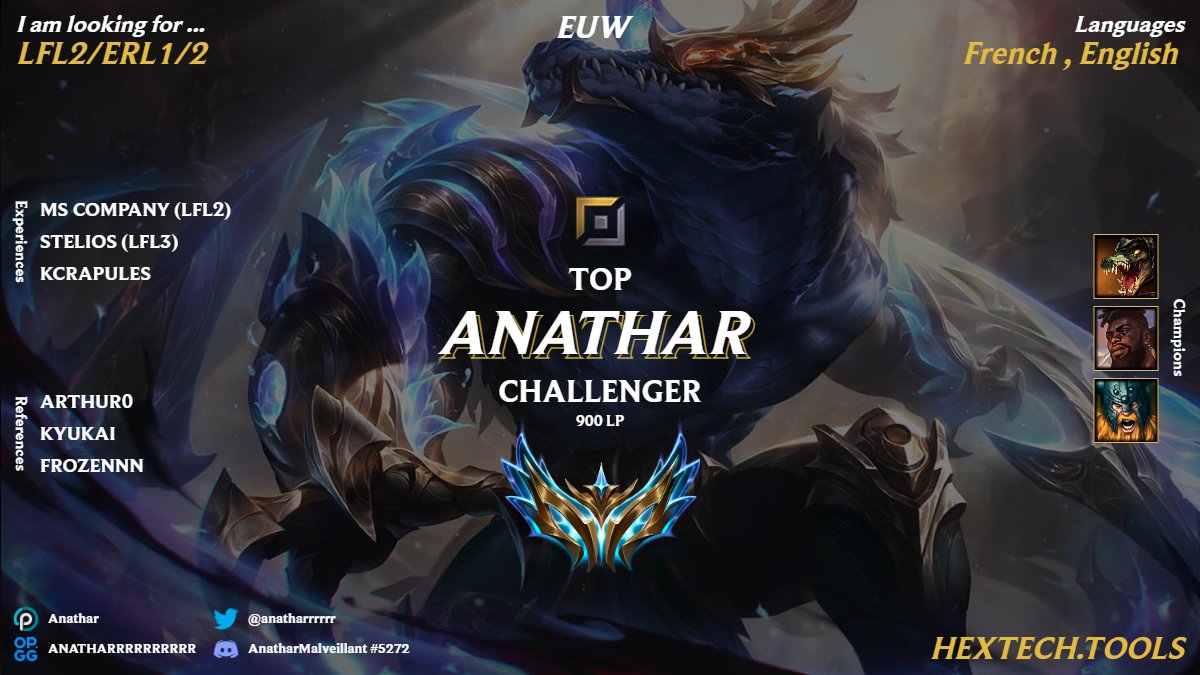 I'm LFT for the upcoming season! I'm looking for LFL2 / ERL 1/2 full time and really motivated For references: @Ar_rthur  , <a href="/_kyukai/">k</a>  ,<a href="/FROZENNN_lol/">FROZENNN #FreePalestine 🇵🇸</a> , <a href="/Kuroneel_/">KURONEEL</a>  lolpros.gg/player/anathar ❤️/🔄 are highly appreciated!