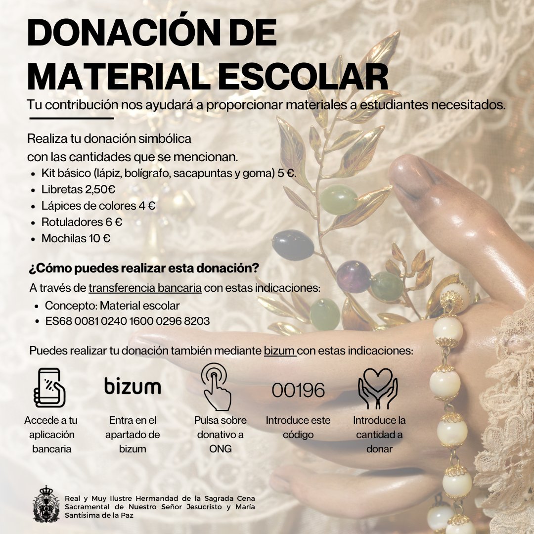 📝 NOTICIA| Comienza la iniciativa de donación de material escolar para el alumnado más vulnerable. Realiza tu aportación simbólica con las opciones mencionadas en el cartel.

ℹ️ Tienes la posibilidad de realizar el donativo mediante transferencia o bizum.

#CofradíasMLG