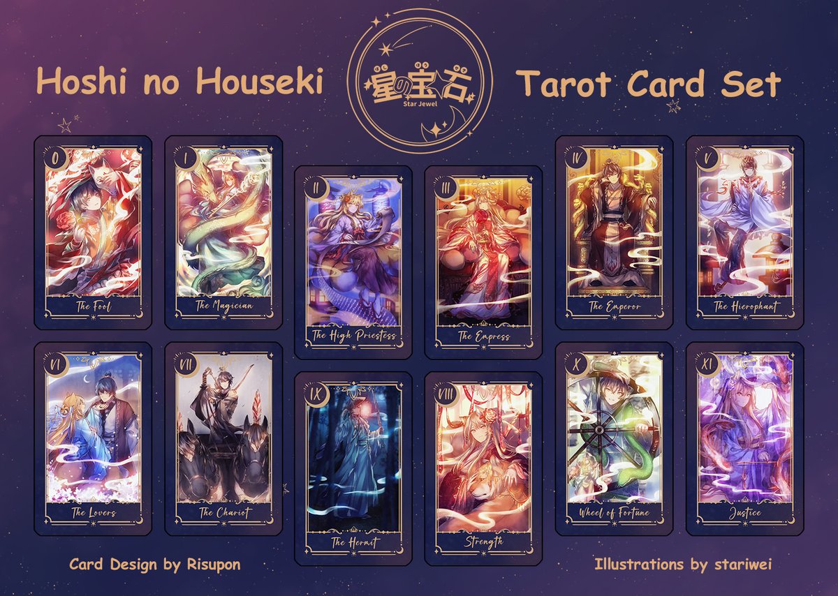 HoshiNoHouseki's tweet photo. Take a look into your fate with the Hoshi no Houseki Tarot Card Set!✨

Card Design by @_Risupon_ 
Illustrations by @stariwei 

Coming to Kickstarter soon! 
Link in comments! https://t.co/m00oiu29Xm