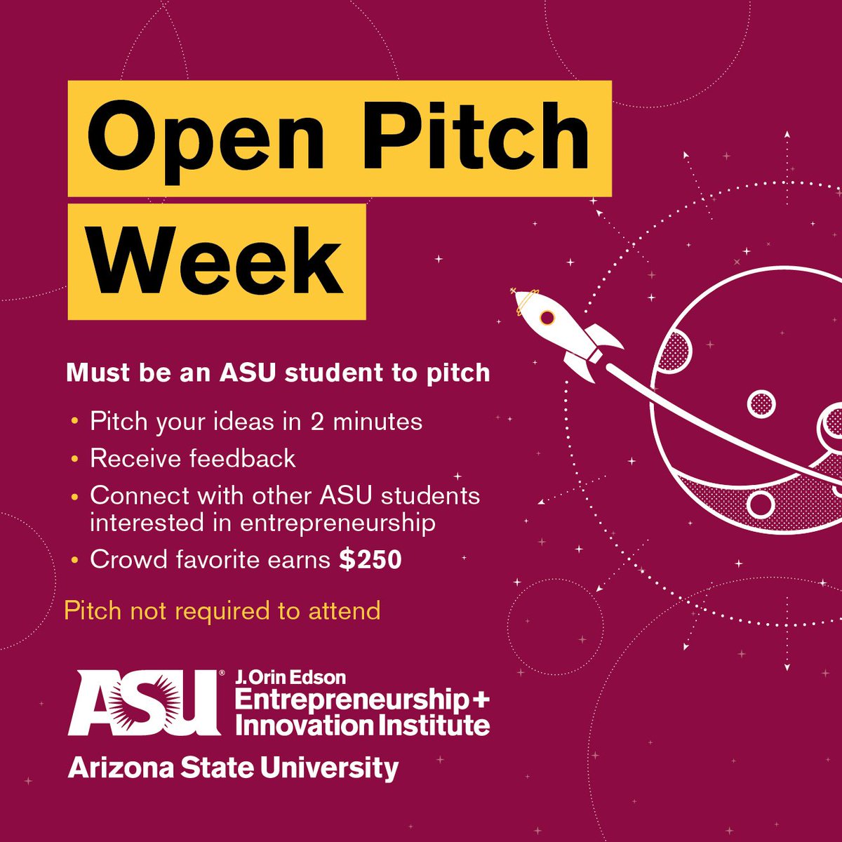 EntrepreneurASU's tweet photo. Day 1 of #OpenPitchWeek was a success! The Edson E+I team brought their A-game, giving valuable feedback to our pitch participants.
Get ready, Sun Devils - more innovation and more inspiration coming your way in the days ahead!
Register now: https://t.co/5SvT9tB05X https://t.co/enD69rjTTW