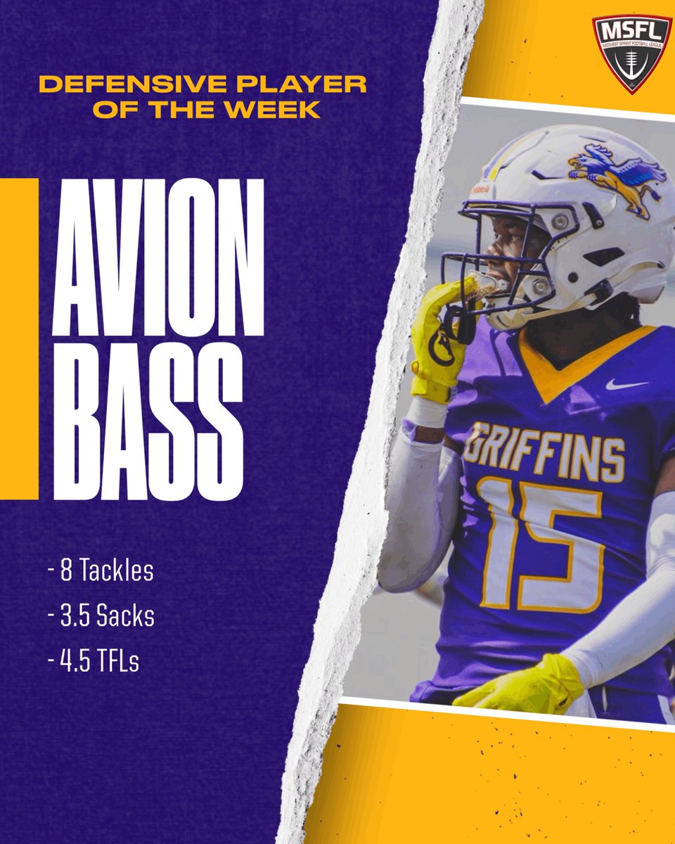 Congrats to Avion Bass on being named MSFL Defensive Player of the Week!
•
-He recorded 8 tackles in Fontbonne’s 20-13 win over Midway. 
-He had 6 tackles and 2 assists, including 3.5 sacs for a loss of 26 yards total. 
-In 4.5 tackles, he forced loss of yards totaling 28.