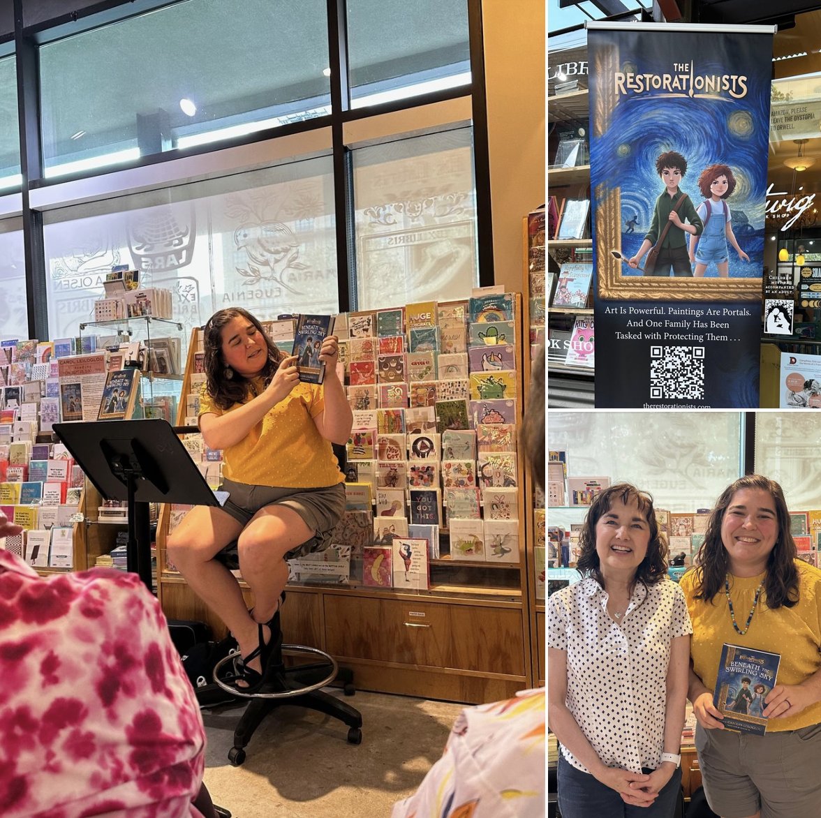 Hooray for author Carolyn Leiloglou <a href="/housefullbkwrms/">Carolyn Leiloglou</a>!  At her fun book launch @ the Twig Monday – not an empty seat in sight!

BENEATH THE SWIRLING SKY is book #1 in her new THE RESTORATIONISTS series. Check it out!