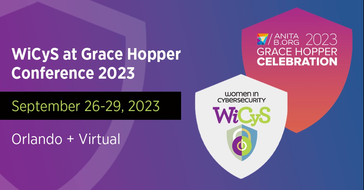Are you at <a href="/ghc/">Grace Hopper (GHC)</a> this week? Stop by the #WiCyS booth in the Career Fair &amp; Expo to see some friendly WiCyS faces and learn more about WiCyS! <a href="/lynn_dohm/">Lynn Dohm | WiCyS ♥️</a> <a href="/michele_tomasic/">Michele Tomasic</a>
We look forward to seeing you! #GHC23 #womenincybersecurity