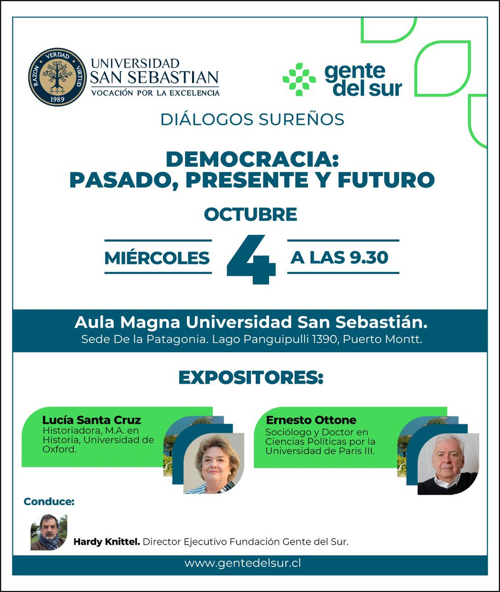 Les invitamos a nuestro Diálogo Sureño. En esta oportunidad pondremos conversar sobre “Democracia: Pasado, Presente y Futuro”. 

📆 miércoles 4 de octubre
🕕 9.30 AM
📍 Aula Magna Uss #PuertoMontt. 

ACTIVIDAD ABIERTA A TODO PÚBLICO. Contamos con uds!
