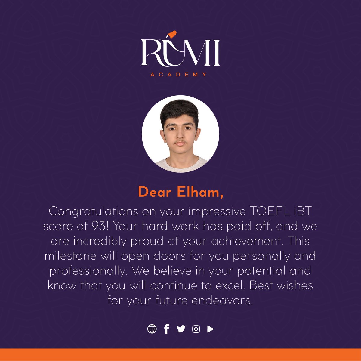 rumiacademy_int's tweet photo. Celebrating Elham Rasooli's Success 🌟
An outstanding achievement on the TOEFL exam, and an even brighter future ahead!
#ProudOfOurStudent #TOEFLSuccess #BrightFutureAhead" https://t.co/qr1OLlmJnQ