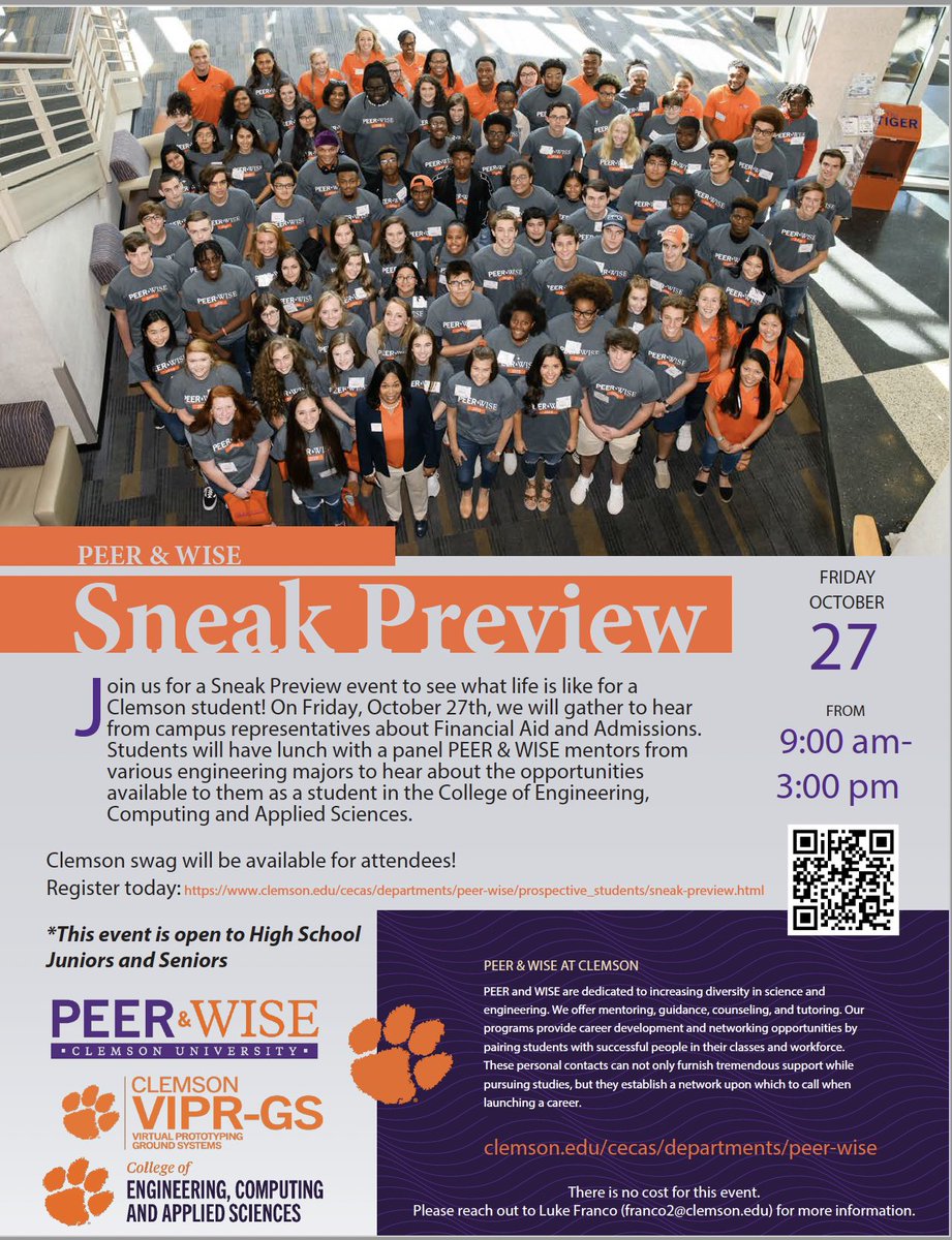 Clemson University PEER & WISE (@clemsonwise) on Twitter photo 11th and 12th graders, join us on October 27 for Sneak Preview!
You'll explore different fields of study in <a href="/ClemsonCECAS/">Clemson Engineering, Computing & Applied Sciences</a>, hear from various campus reps, eat lunch with current students, and more!
You will also get <a href="/ClemsonUniv/">Clemson University</a> swag!
Register today:
clemson.edu/.../prospectiv… 11th and 12th graders, join us on October 27 for Sneak Preview!
You'll explore different fields of study in <a href="/ClemsonCECAS/">Clemson Engineering, Computing & Applied Sciences</a>, hear from various campus reps, eat lunch with current students, and more!
You will also get <a href="/ClemsonUniv/">Clemson University</a> swag!
Register today:
clemson.edu/.../prospectiv…
