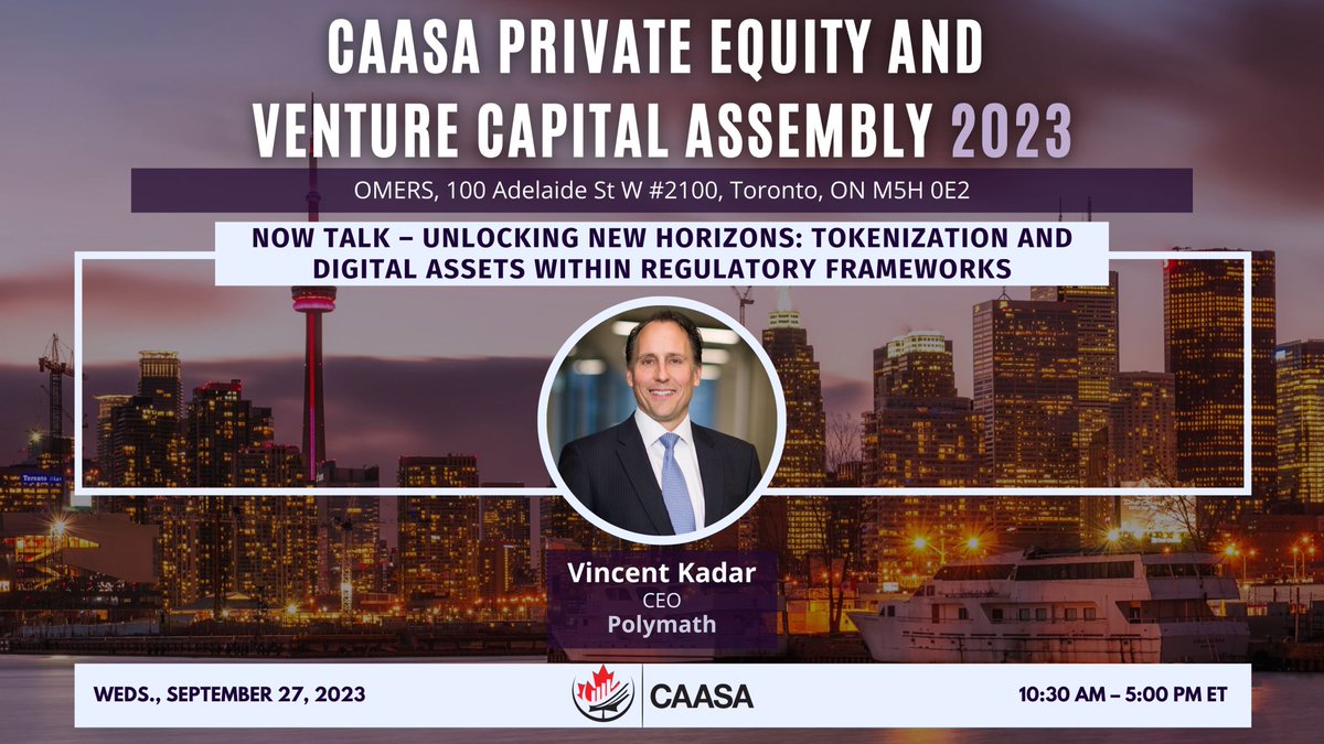 PolymathNetwork's tweet photo. Looking forward to a great week - first up during CAASA's Super Week is Private Equity and Venture Capital Assembly 2023 on September 27. Polymath CEO, Vince Kadar will speak at 1:30 pm
https://t.co/lS9NcDYTt5
#caasa #defi # fintech #tokenization #digitalassets #capitalmarkets https://t.co/eO3TbV0Wkx