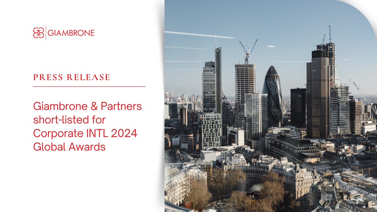 Giambroneintern's tweet image. PRESS RELEASE | Giambrone &amp;amp; Partners has been shortlisted in the category of Cross Border Litigation Law Firm of the Year in England - 2024 in the Corporate INTL Global Awards.

Read more: giambronelaw.com/site/news-arti…

#giambrone #crossborderlitigation #corporate #global #awards