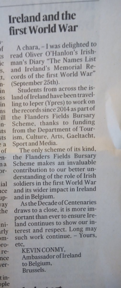 Nice to see. 

A letter in today's Irish Times from the Irish Ambassador in Brussels <a href="/IrlAmbBE/">Ambassador Kevin Conmy</a> <a href="/IrishEmbBelgium/">Embassy of Ireland, Belgium</a> following my article yesterday about the Flanders Fields Bursary Scheme at <a href="/IFFmuseum/">In Flanders Fields Museum</a> irishtimes.com/opinion/letter…