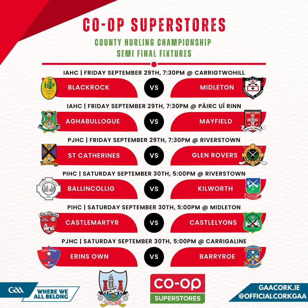 OfficialCorkGAA's tweet photo. The Co-Op Superstores Cork Hurling Championship Semi Finals begin this weekend!

Advanced ticket sales only, purchase tickets here https://t.co/yySqctkqEB.

@coopsuperstores #OneCork https://t.co/QHsGmzInh7