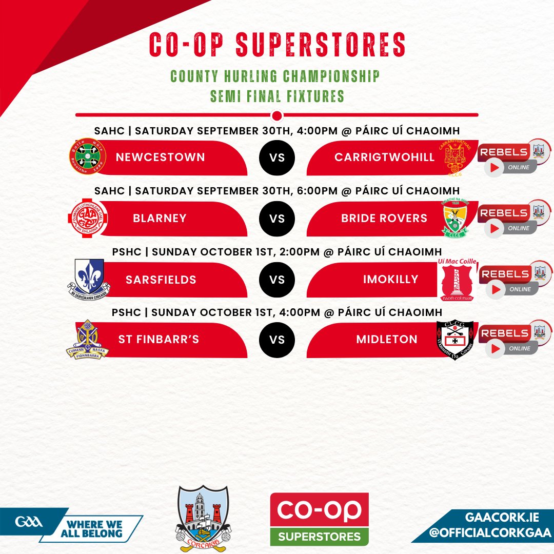 OfficialCorkGAA's tweet photo. The Co-Op Superstores Cork Hurling Championship Semi Finals begin this weekend!

Advanced ticket sales only, purchase tickets here https://t.co/yySqctkqEB.

@coopsuperstores #OneCork https://t.co/QHsGmzInh7