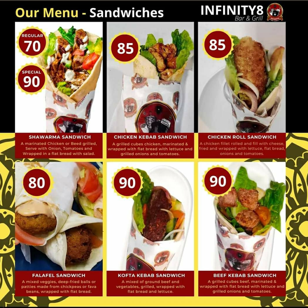 Iba't ibang Sandwich ang maari mong pagpilian dito. 👇👇👇

Try nyo na mga ka-i8!

#infinity8barandgrill #shawarmalover